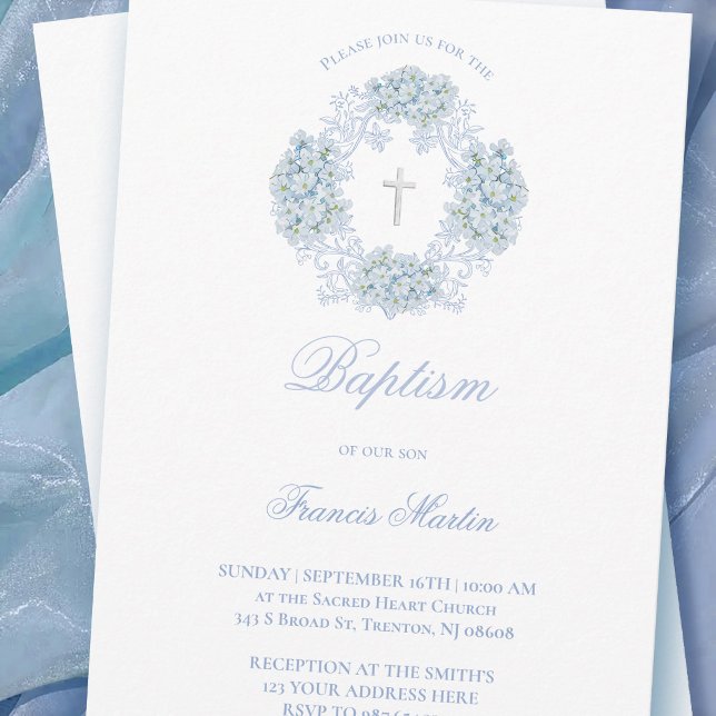 Invitation couronne de baptême d'hortensia bleu pastel (Créateur téléchargé)