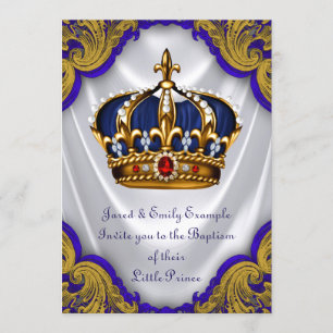 Invitation Couronne de baptême prince garçon bleu royal or ru