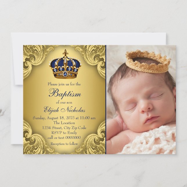 Invitation Couronne de baptême Prince Or Bleu Royal (Devant)