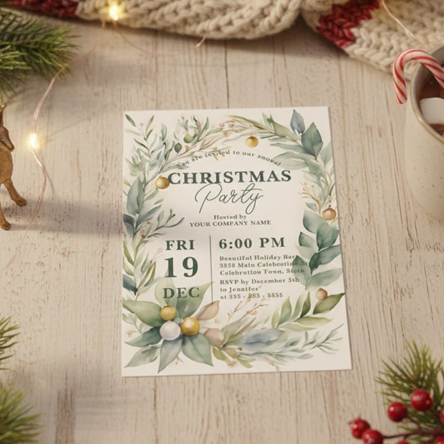 Invitation Couronne de bauble aquarelle de verdure pour la fê (Créateur téléchargé)