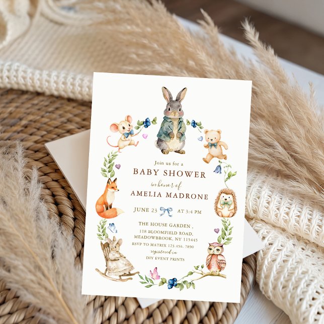 Invitation Couronne de bébé avec amis lapins à l'aquarelle po (Créateur téléchargé)