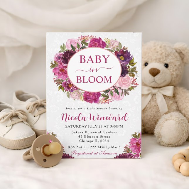 Invitation Couronne de bébé Fête de Naissance aquarelle rose  (Créateur téléchargé)