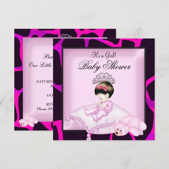 Invitation Couronne de bébé fille rose chaud noir (Devant / Derrière)