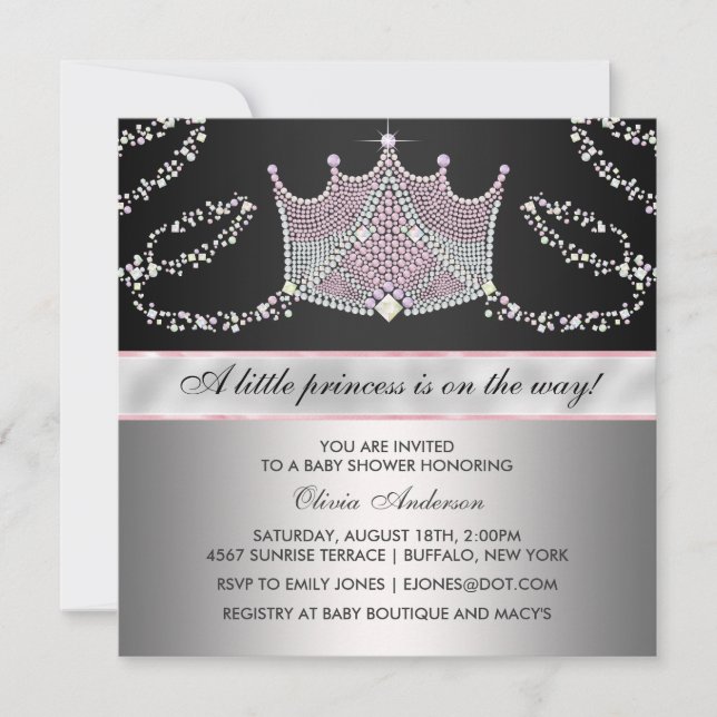 Invitation Couronne de bébé fille rose et noire pour l'annive (Devant)
