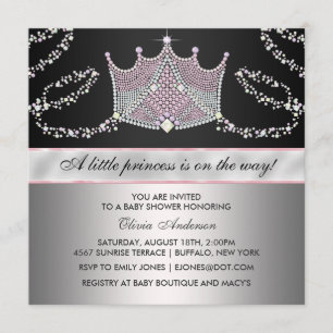 Invitation Couronne de bébé fille rose et noire pour l'annive