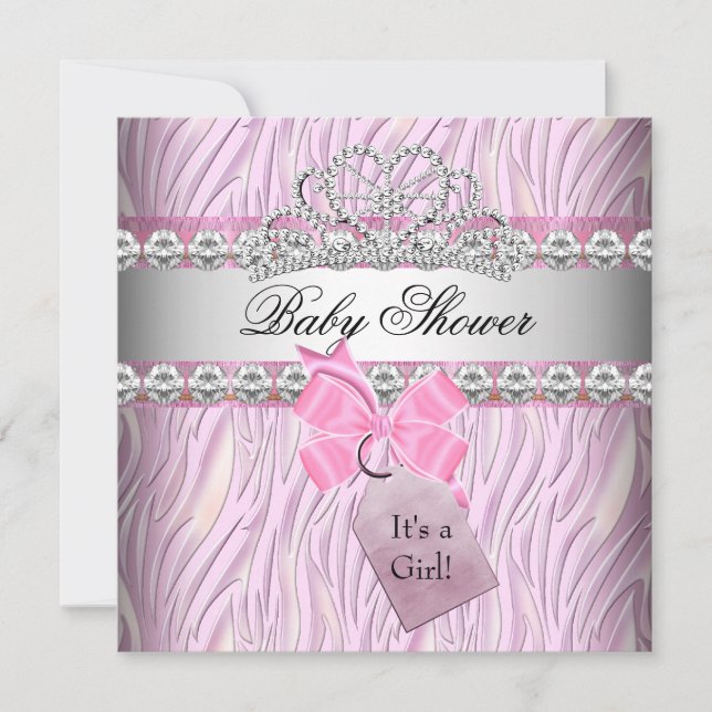 Invitation Couronne de bébé fille zèbre rose princesse diaman (Devant)