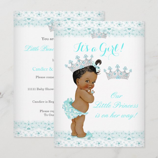 Invitation Couronne de bébé princesse Aqua Blanc Ethnique (Devant / Derrière)