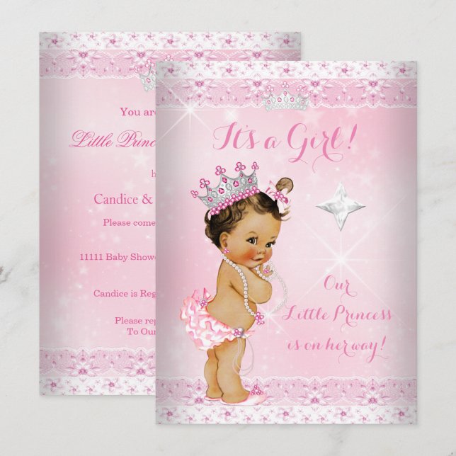 Invitation Couronne de bébé princesse en dentelle rose Brunet (Devant / Derrière)