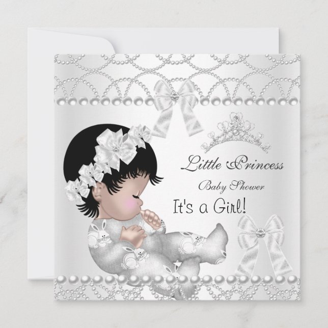 Invitation Couronne de bébé princesse fille argent blanc (Devant)