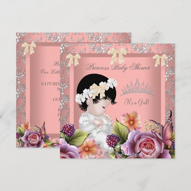 Invitation Couronne de bébé princesse fille rose corail (Devant / Derrière)