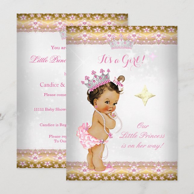 Invitation Couronne de bébé princesse rose blanc or Brunett (Devant / Derrière)