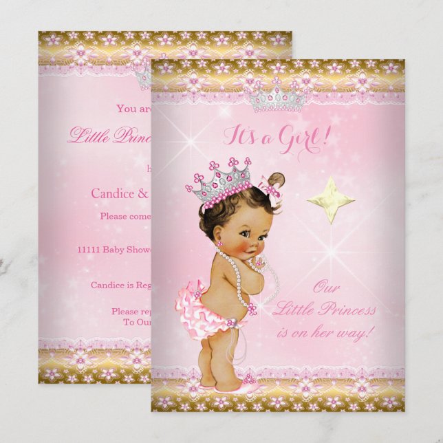 Invitation Couronne de bébé princesse rose or lace Brunette (Devant / Derrière)