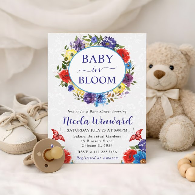 Invitation Couronne de bébé Shower Fleur d'Eau Rouge et Bleu (Créateur téléchargé)