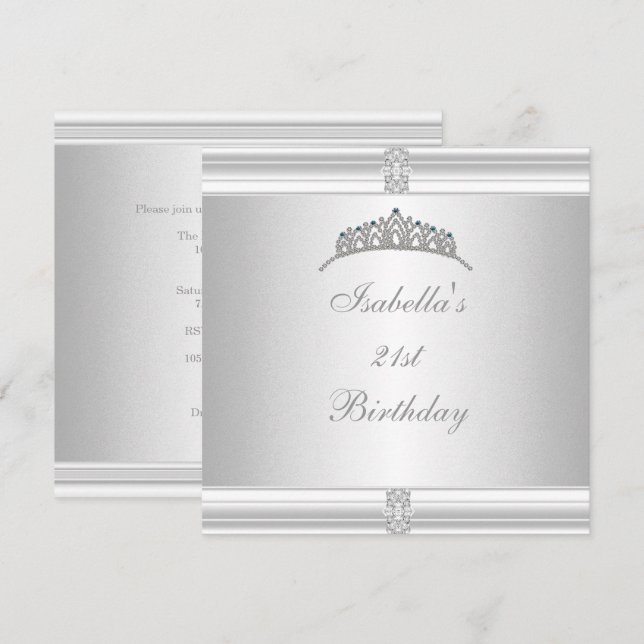 Invitation Couronne de bijoux d'anniversaire 21 ans argent bl (Devant / Derrière)