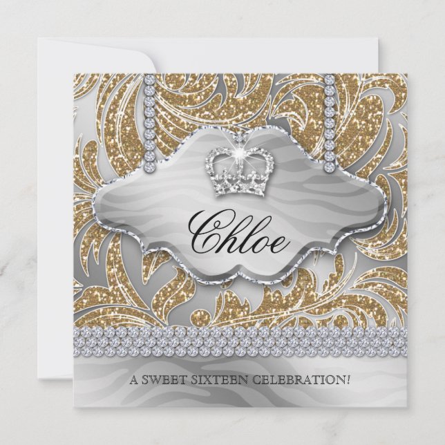 Invitation Couronne de bijoux dorés pour fête Sweet 16 (Devant)
