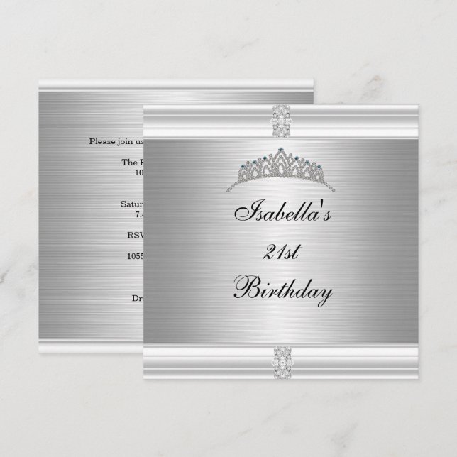 Invitation Couronne de bijoux pour 21e anniversaire argent et (Devant / Derrière)
