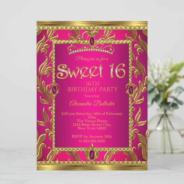 Invitation Couronne de bijoux rose chaud pour 16 ans d'annive (Debout devant)
