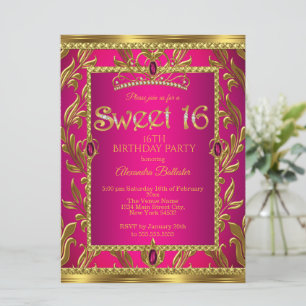 Invitation Couronne de bijoux rose chaud pour 16 ans or