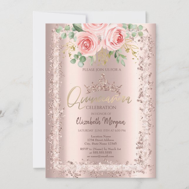 Invitation Couronne de cadre de paillettes d'or rose, roses,  (Devant)
