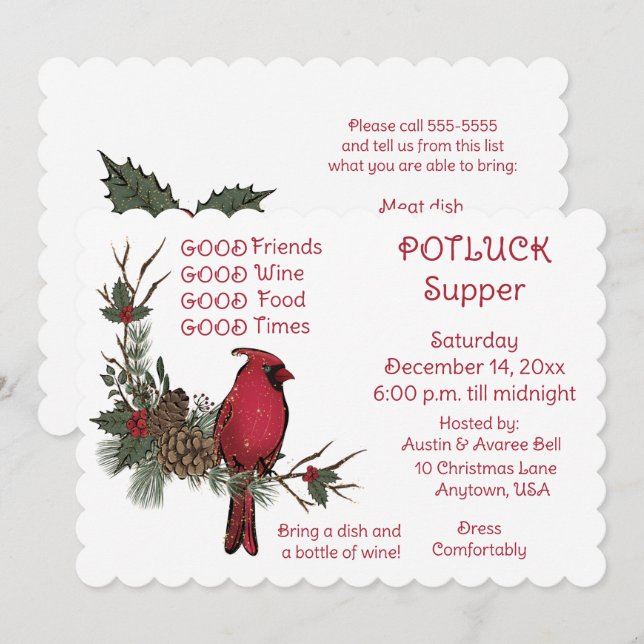 Invitation Couronne de Cardinal Rouge Souper de Noël à Pot Lu (Devant / Derrière)