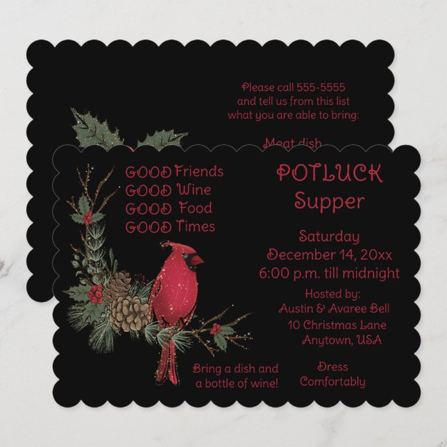 Invitation Couronne de Cardinal Rouge Souper de Noël à Pot Lu (Devant / Derrière)