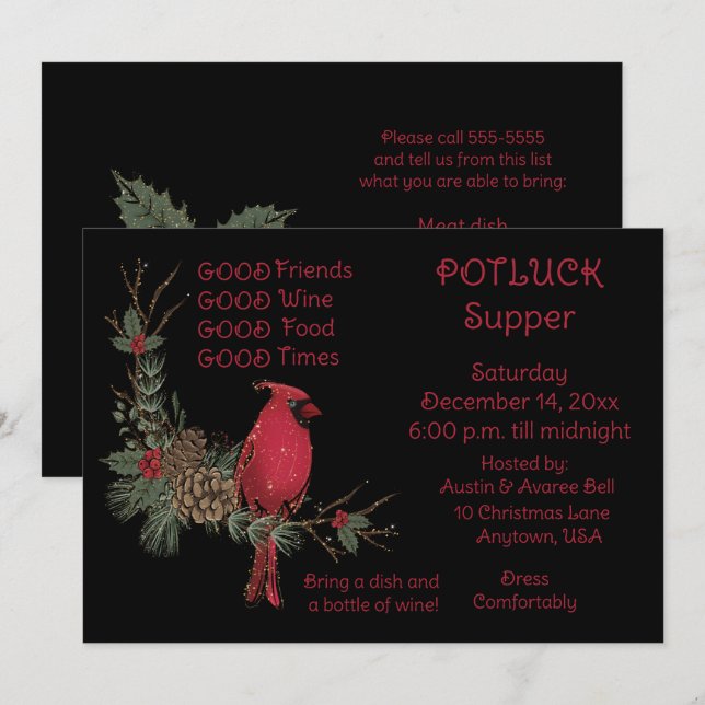 Invitation Couronne de Cardinal Rouge Souper de Noël à potluc (Devant / Derrière)