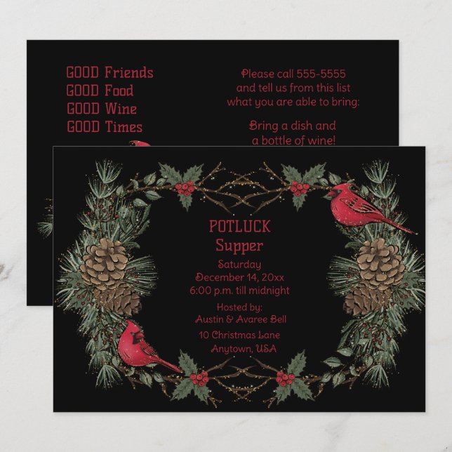 Invitation Couronne de Cardinal Rouge Souper de Noël à potluc (Devant / Derrière)