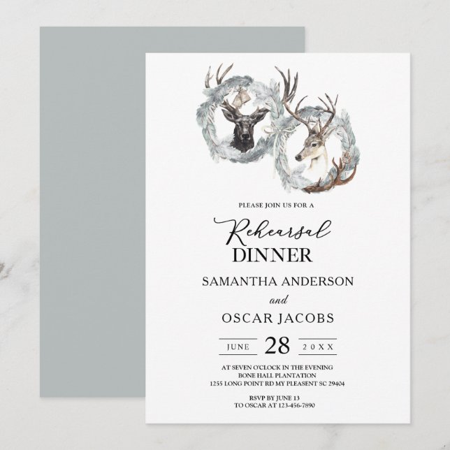 Invitation Couronne de cerf aquarelle d'hiver argent (Devant / Derrière)