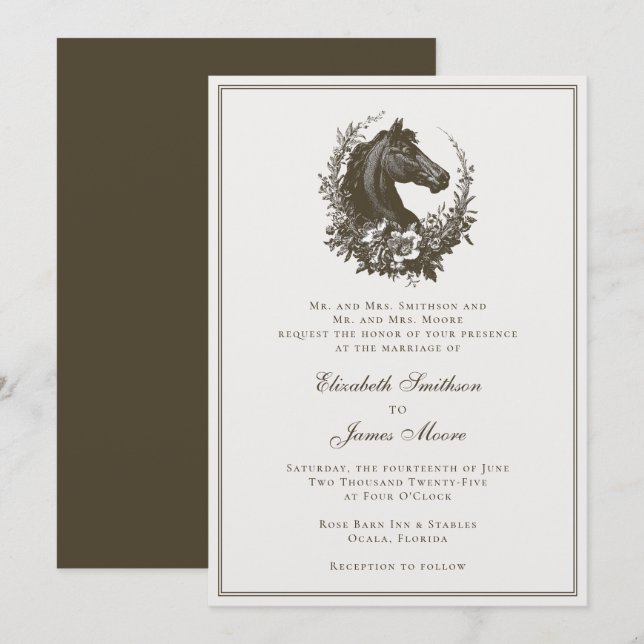 Invitation Couronne de cheval élégante Équitation Mariage équ (Devant / Derrière)