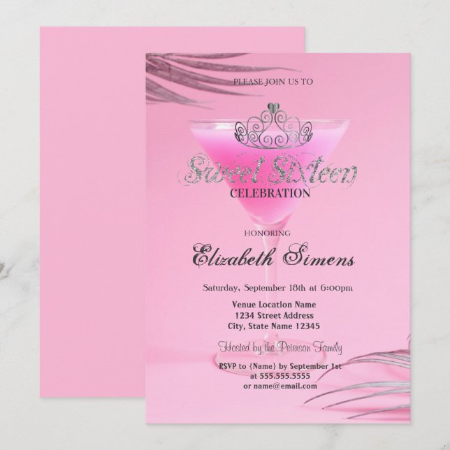Invitation Couronne de Cocktail Gold Tiara Rose Sweet 16 (Devant / Derrière)