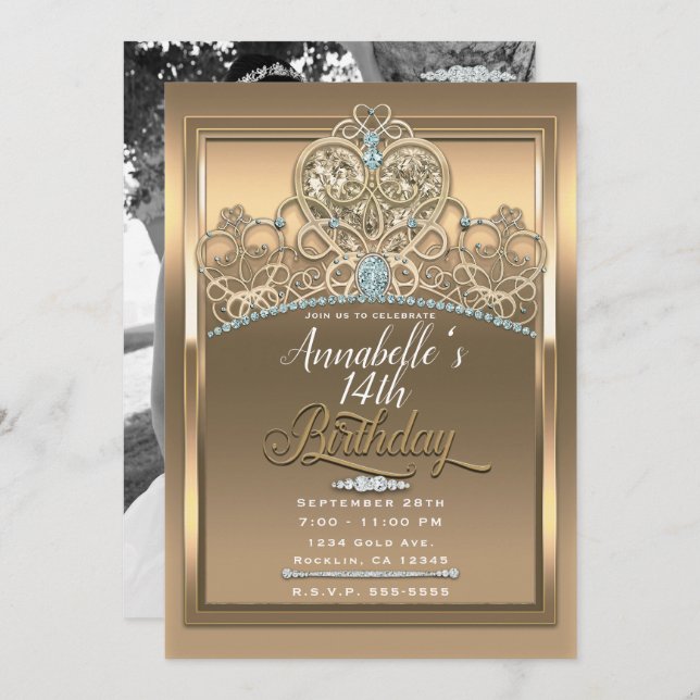 Invitation Couronne de cœur de princesse Glam Gold pour anniv (Devant / Derrière)