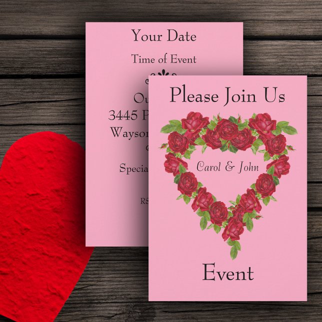 Invitation Couronne de cœur de roses rouges (Romantic heart shaped wreath of red roses on pink party invitations weddings, showers, anniversaries)