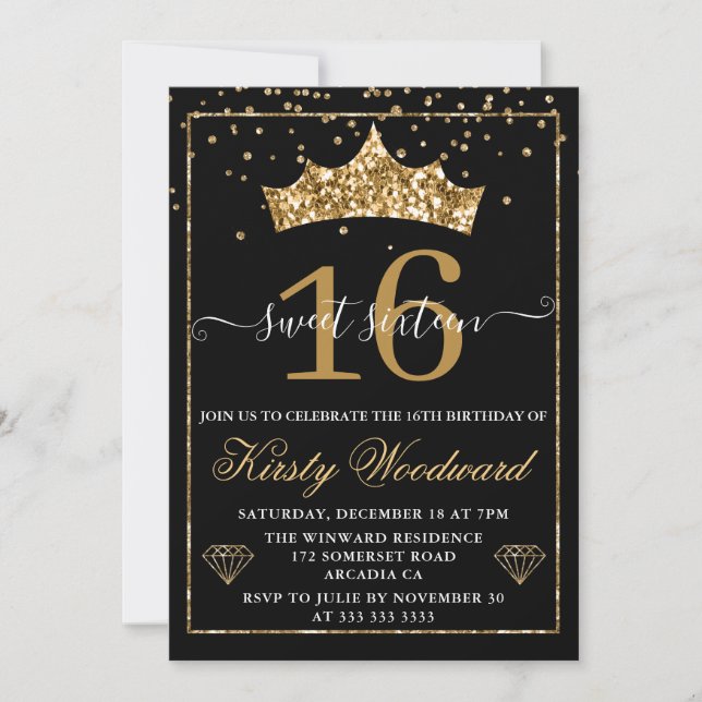 Invitation Couronne de confettis diamant or Sweet 16 (Devant)