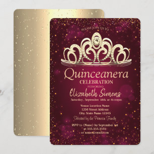 Invitation Couronne de confettis dorés chic Burgundy Quinceañ