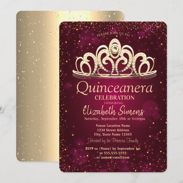 Invitation Couronne de confettis dorés chic Burgundy Quinceañ (Devant / Derrière)