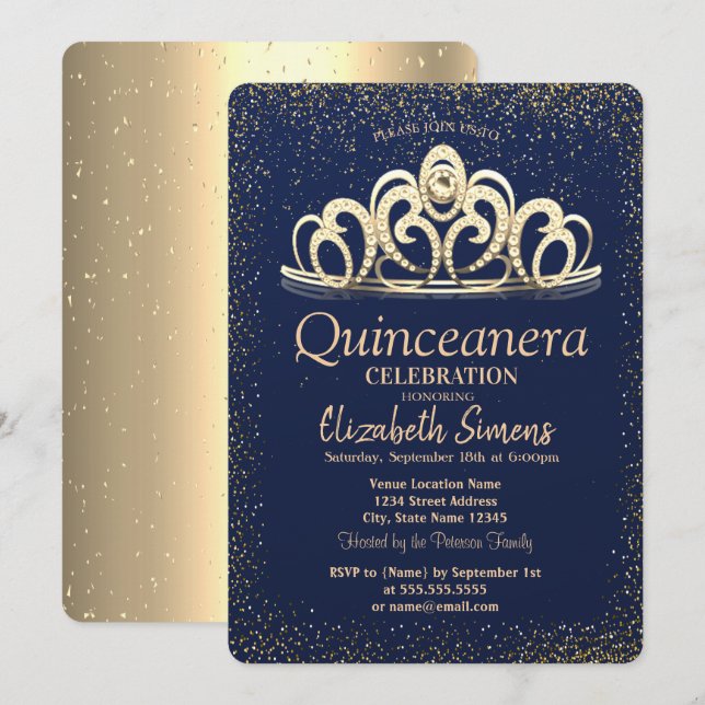 Invitation Couronne de confettis dorés Quinceañera bleu marin (Devant / Derrière)
