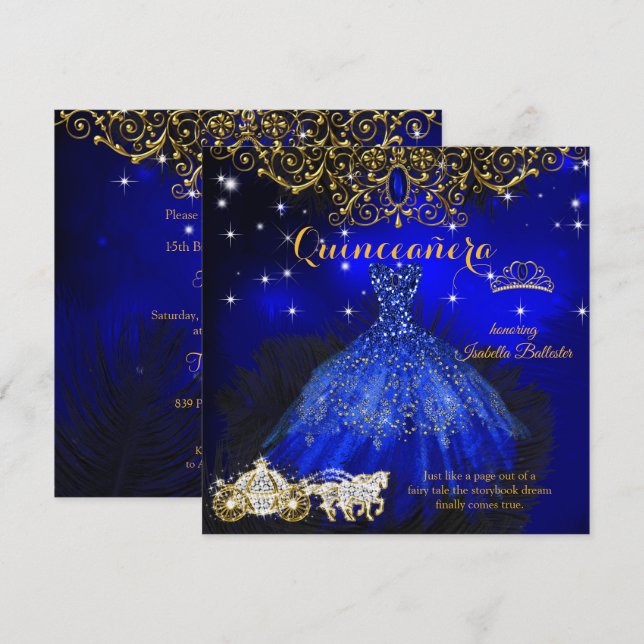 Invitation Couronne de conte de fées bleu royal pour annivers (Devant / Derrière)