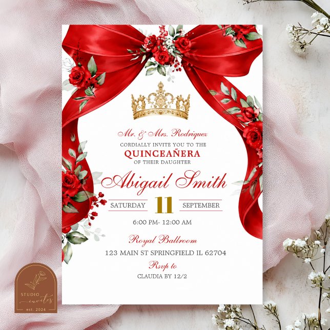 Invitation Couronne de Coquette à Ruban Rouge Fleur Quinceane (Créateur téléchargé)
