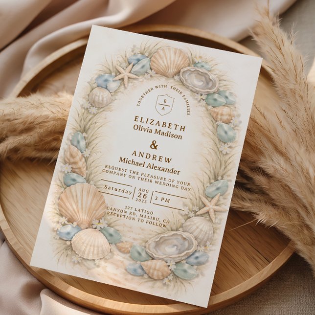 Invitation Couronne de coquillages de mariage côtier (Créateur téléchargé)