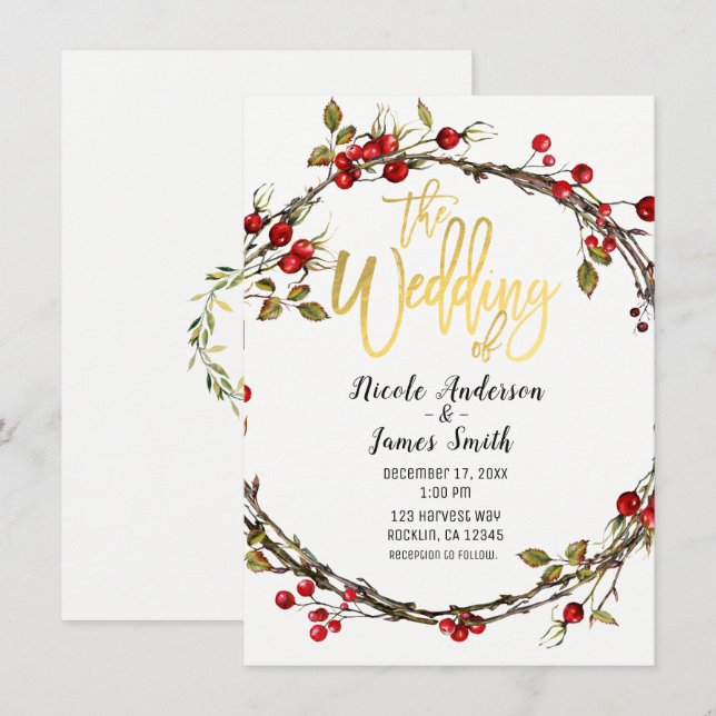 Invitation Couronne de cranberries Rustic Woods pour mariage  (Devant / Derrière)