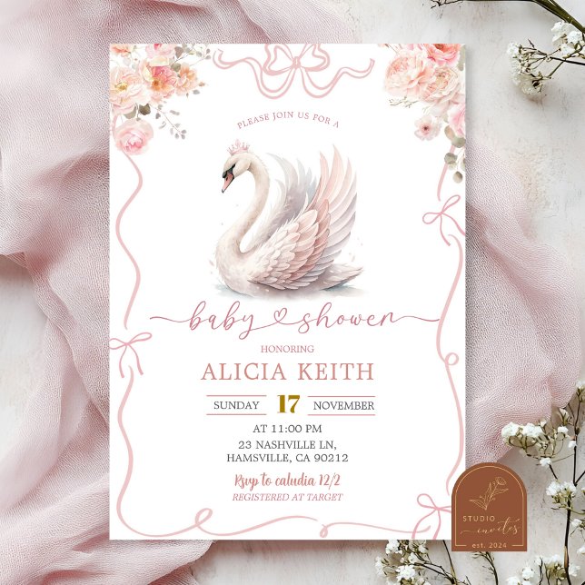 Invitation Couronne de Cygne Fille Coquette Rose (Créateur téléchargé)