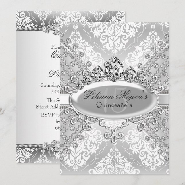 Invitation Couronne de damas argentée élégante pour Quinceane (Devant / Derrière)