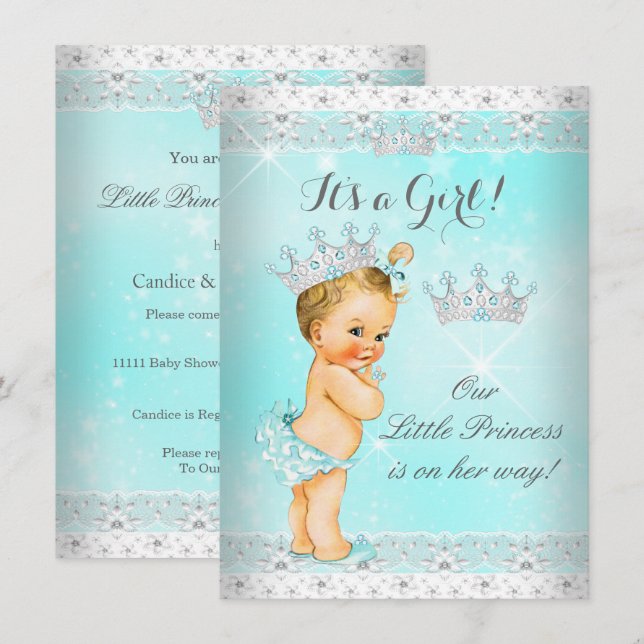 Invitation Couronne de dentelle aqua pour bébé princesse Blon (Devant / Derrière)