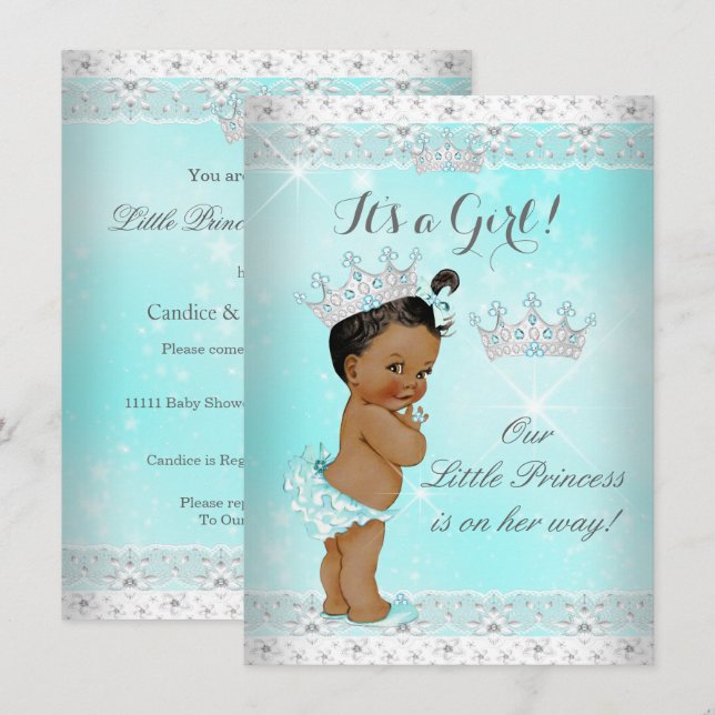 Invitation Couronne de dentelle aqua pour bébé princesse ethn (Devant / Derrière)