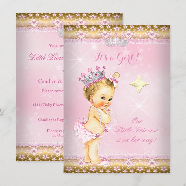Invitation Couronne de dentelle rose et or pour bébé princess (Devant / Derrière)