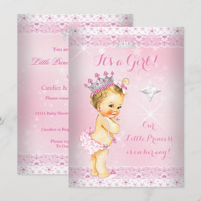 Invitation Couronne de dentelle rose pour bébé princesse blon (Devant / Derrière)