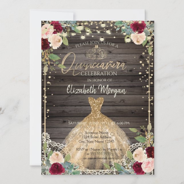 Invitation  Couronne de dentelle,Tiare,Robe,Roses Foncé Bois  (Devant)