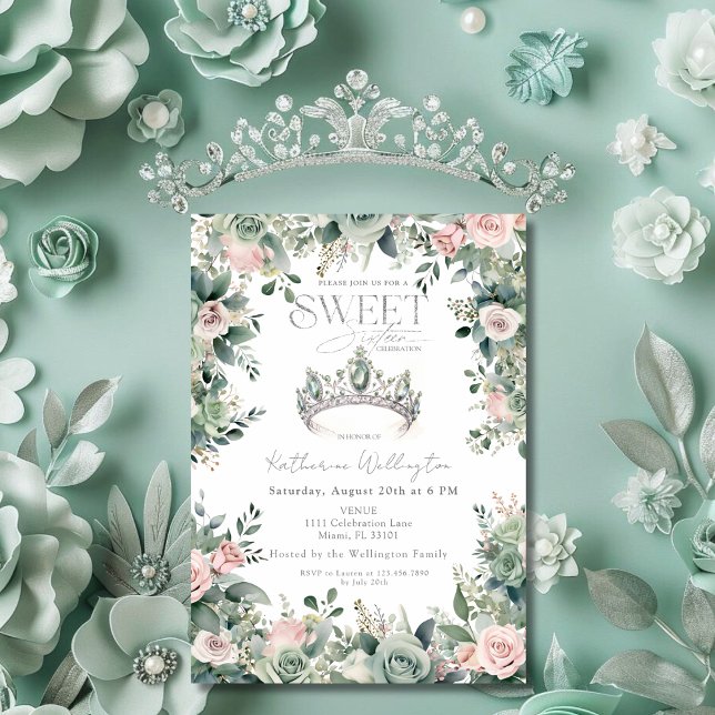 Invitation Couronne de Diadème Fleurs Rose Vert Sauge Argent  (Sage Green Pink Floral Tiara Crown Silver Sweet 16 Invitation)