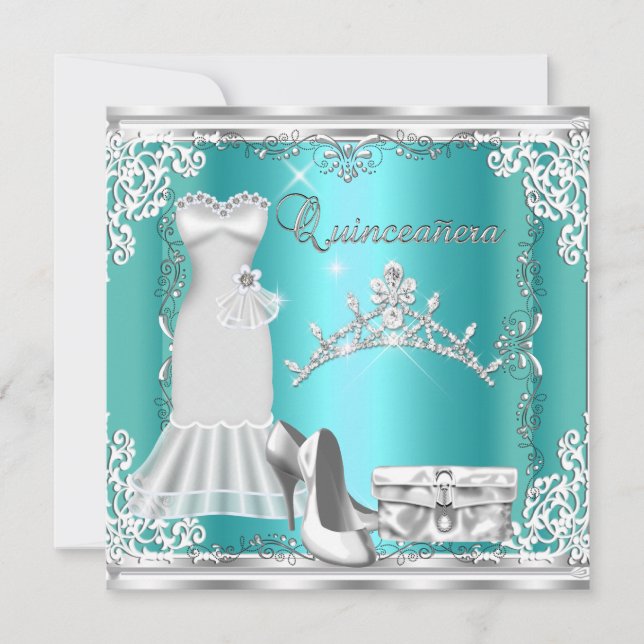 Invitation Couronne de diamant argentée bleu vert pour Quince (Devant)
