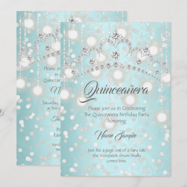 Invitation Couronne de diamants argent sarcelle pour Quincean (Devant / Derrière)